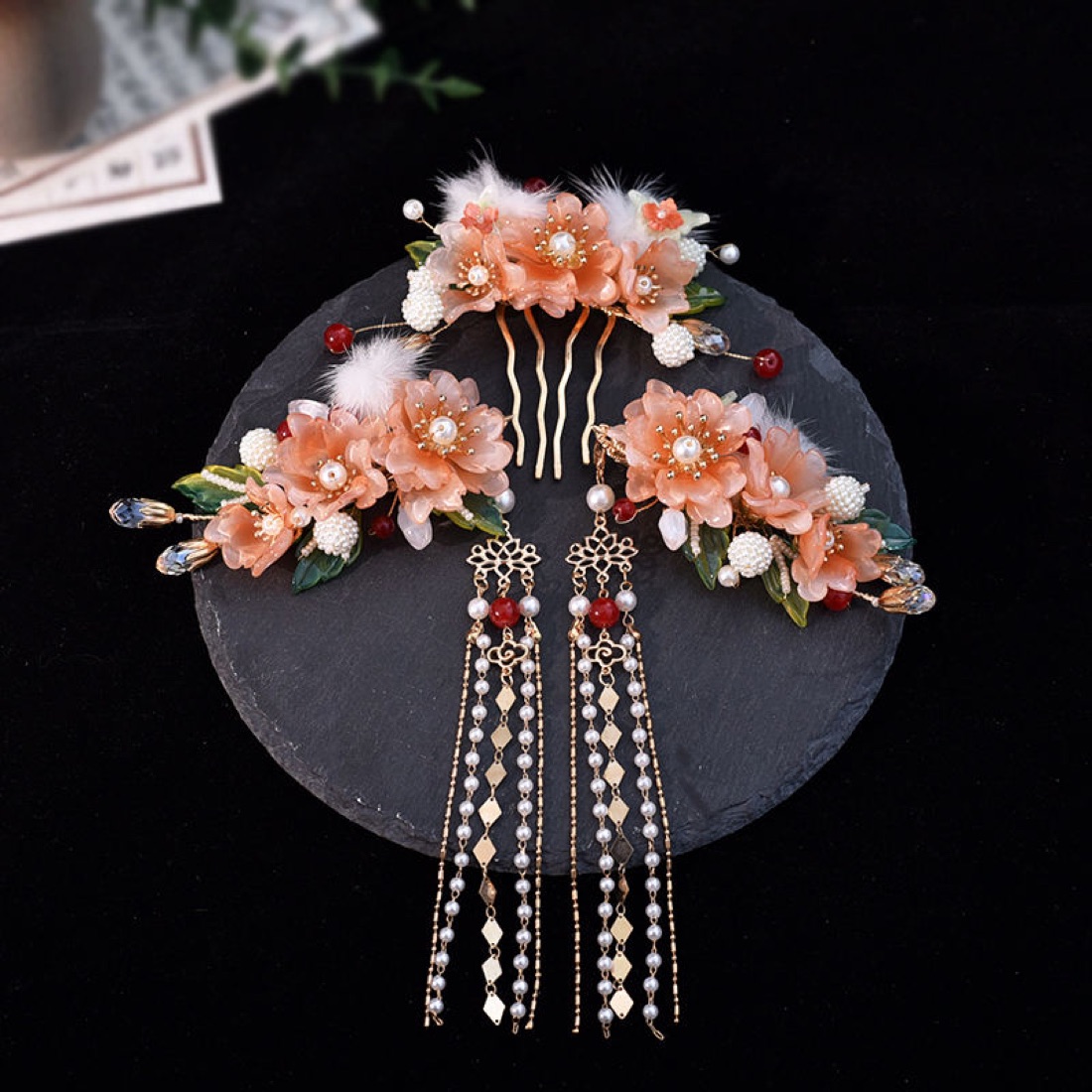 Silk velvet-flower hairpin set