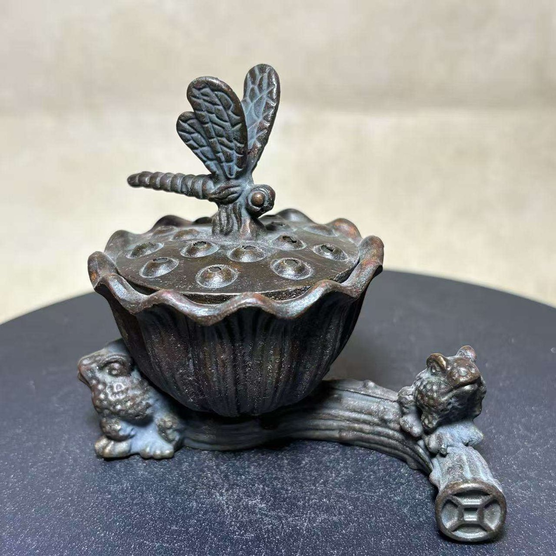 Lost-wax lotus and dragonfly bronze censer